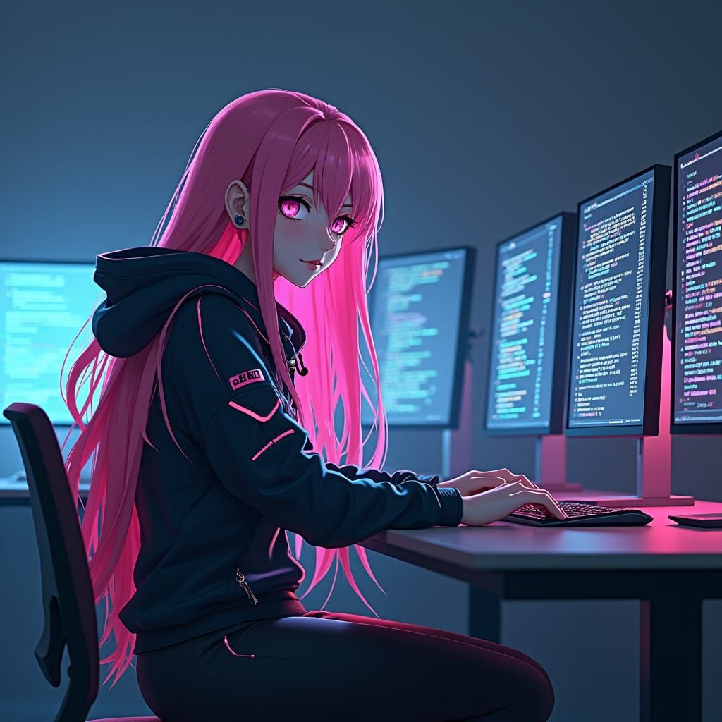 Cyberpunk Coder Girl with Flowing Pink Hair