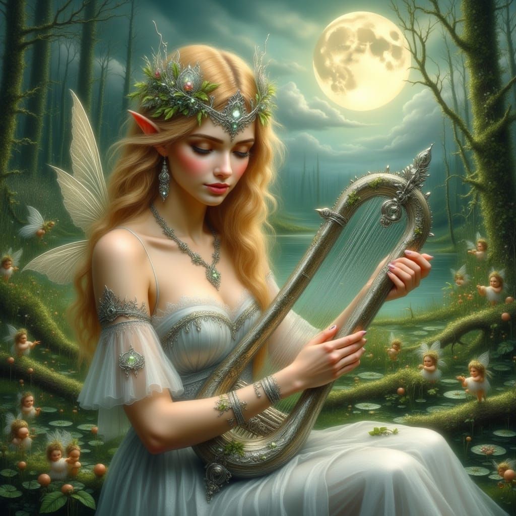 Elf Woman Plays Lyre Under Full Moon