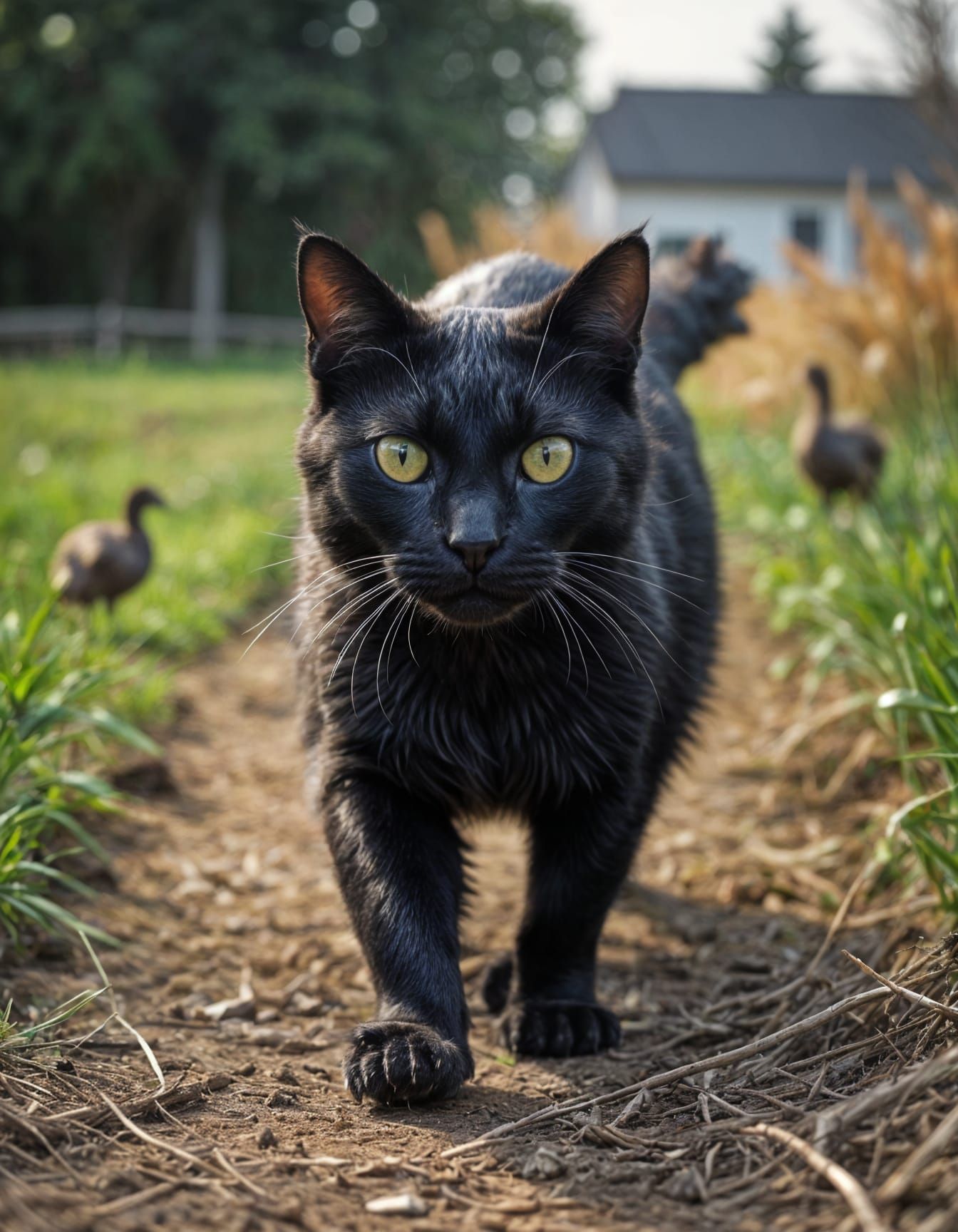 Centipede-Goose Hybrid Chasing Terrified Black Cat