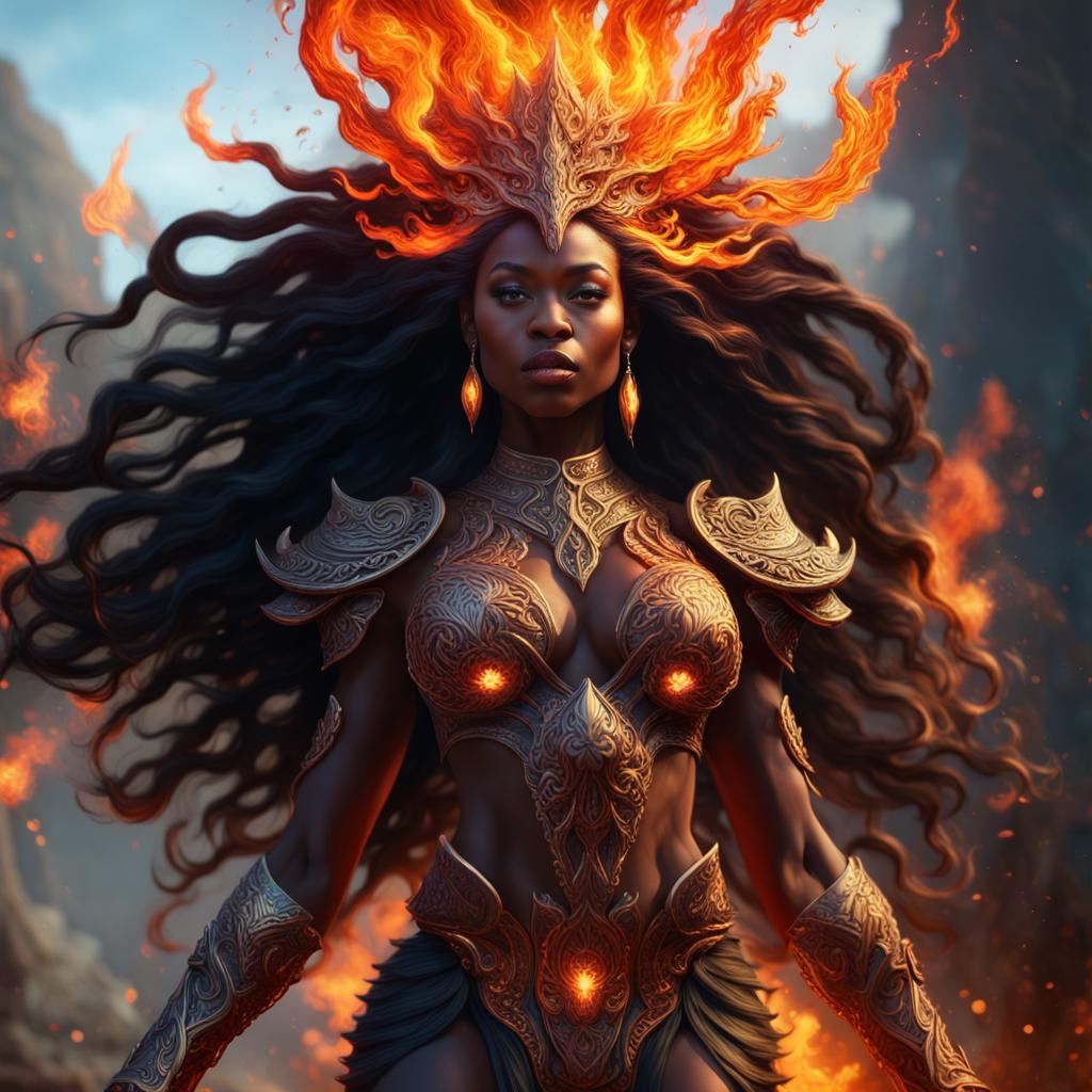 Ebony Goddess with Fiery Hair: Fantasy Art