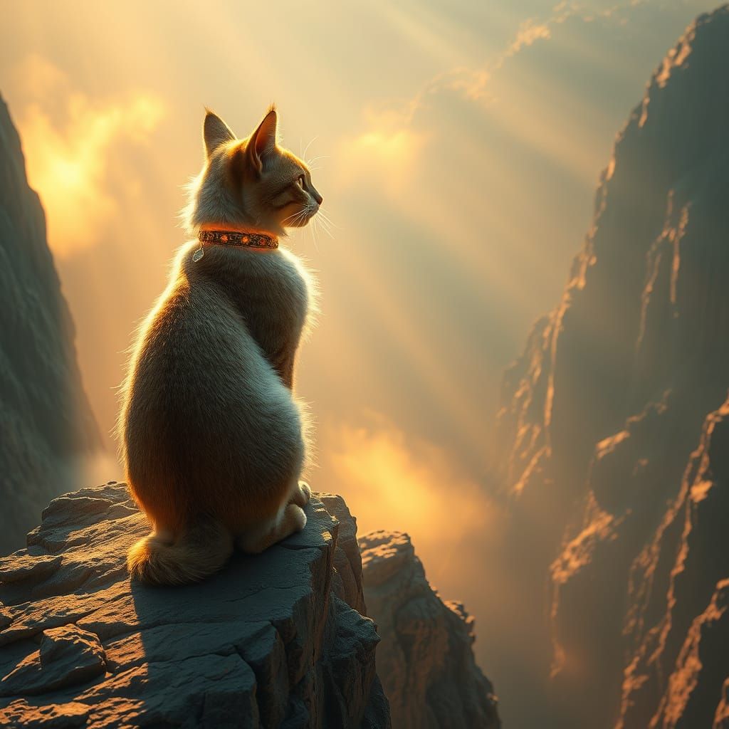 Mystical Cat Sits at Edge of Cliff in Ethereal Aura