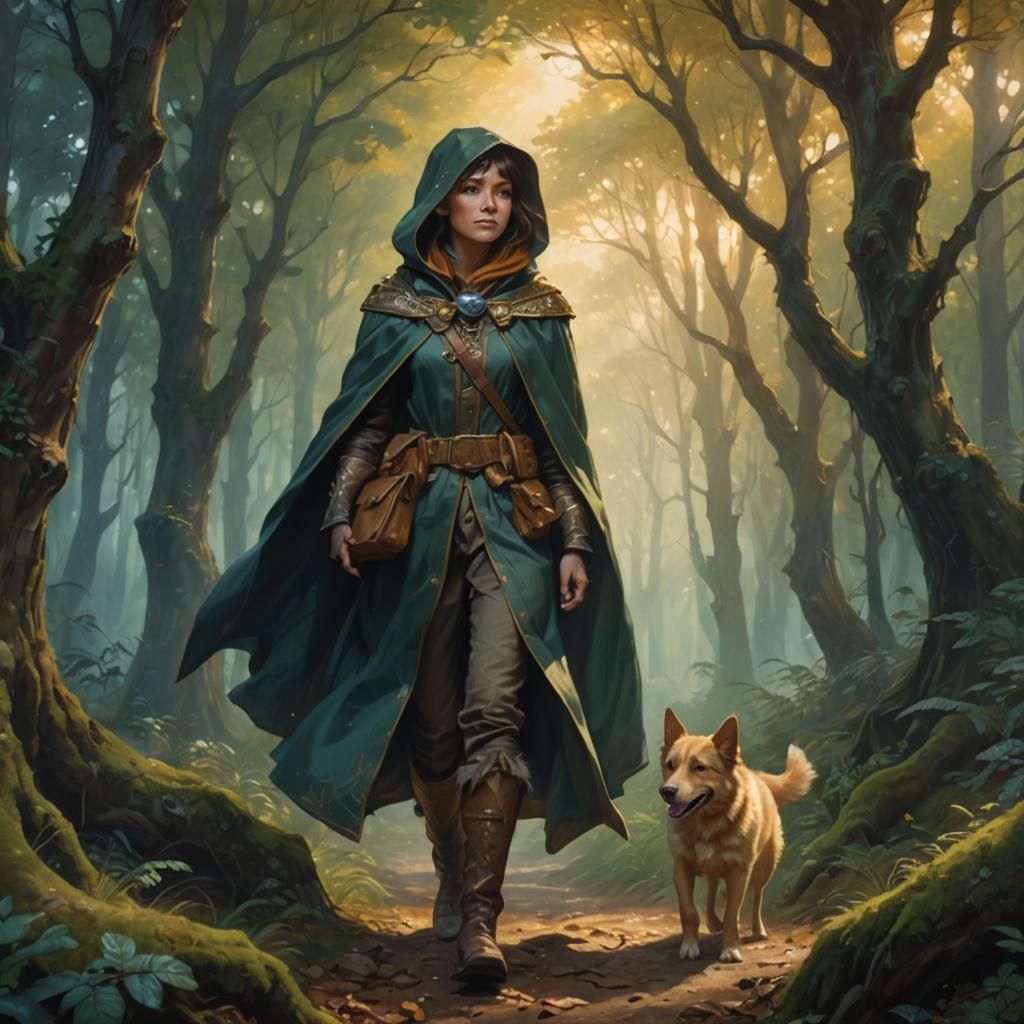 Fantasy Ranger and Dog Portrait in Magical Forest