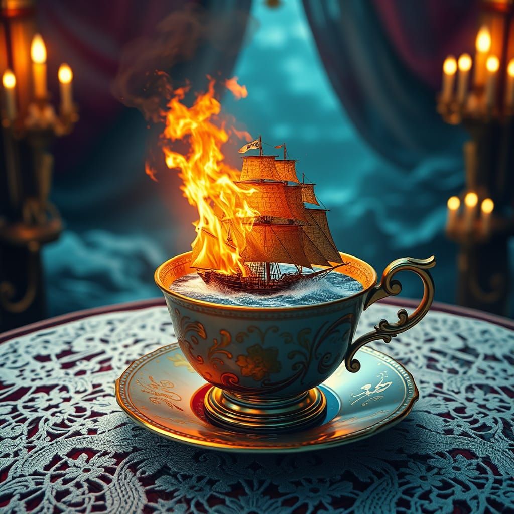 Burning Pirate Ship in Teacup: Digital Matte Painting