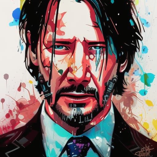 badass John Wick. Line art. Vector art. Borderlands: Oil splash: Oil stained: intricate hyperdetailed fluid gouache illu...