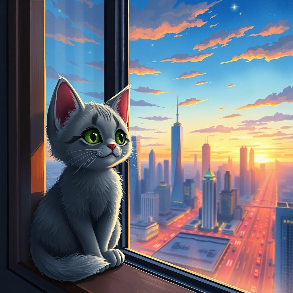 Whimsical Cityscape Cat by Dreamy Nighttime