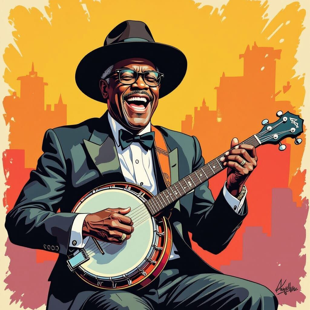 Samuel L. Jackson Caricature Playing Banjo, Bold Style