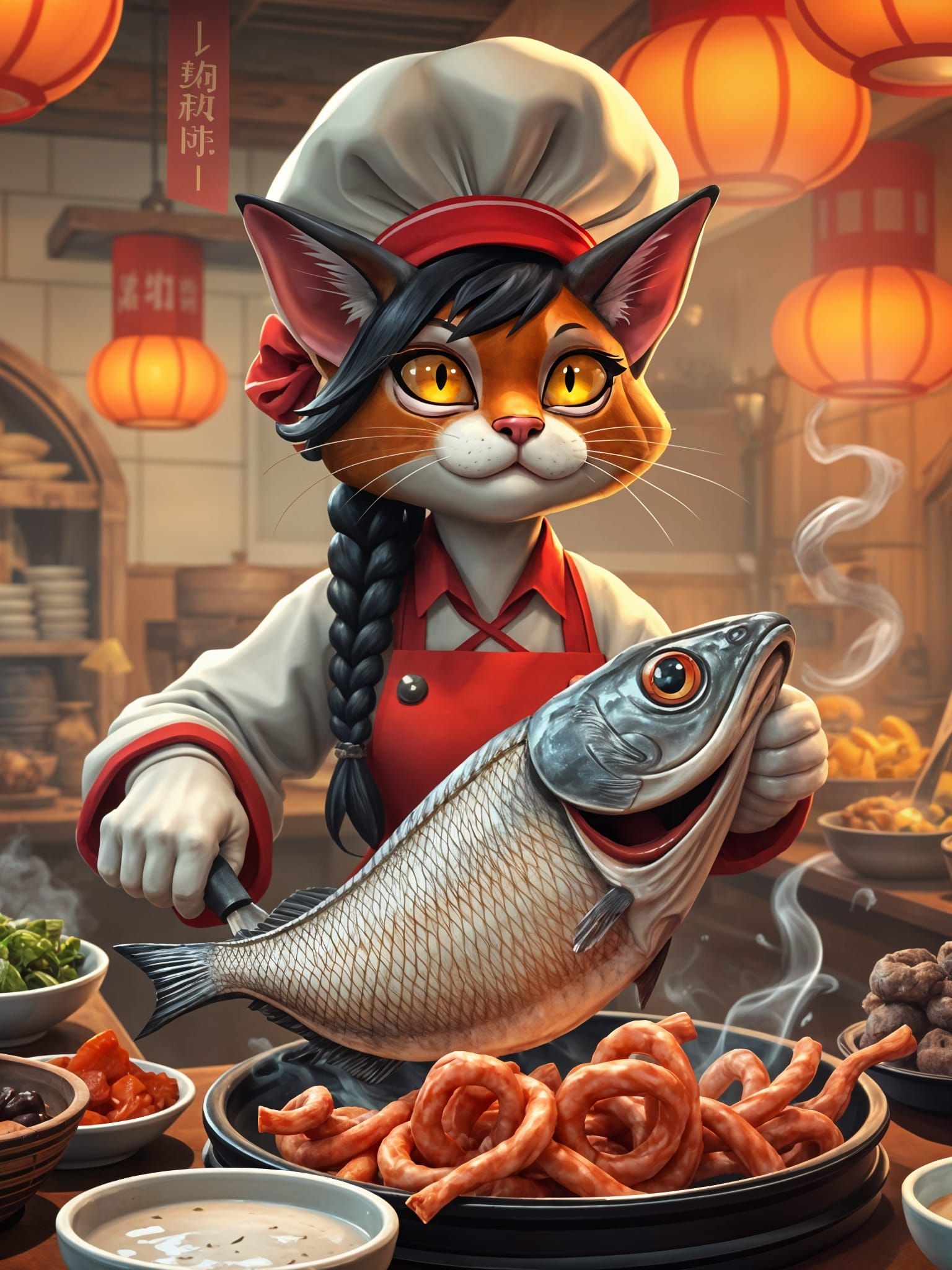 Whimsical Chef Cat in Exotic Asian Restaurant