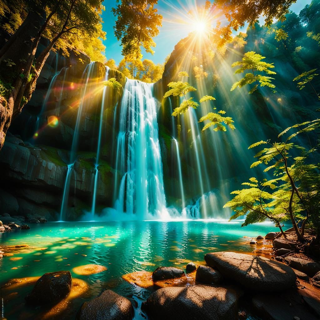 Vibrant Waterfall Landscape in Digital Art Style