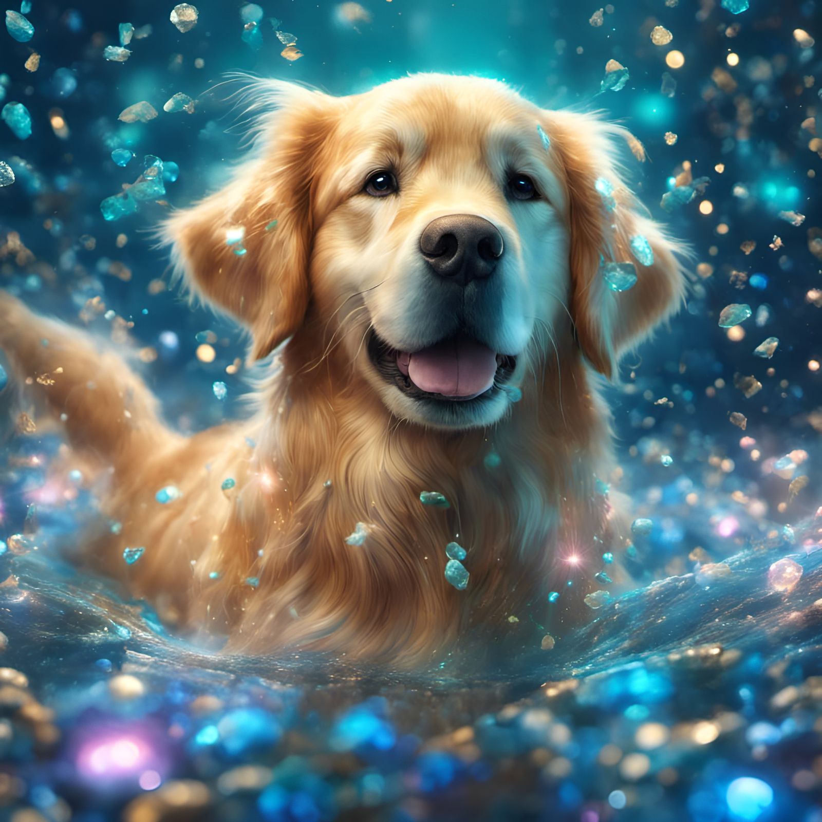 Cute Golden Retriever with Turquoise Sparkles