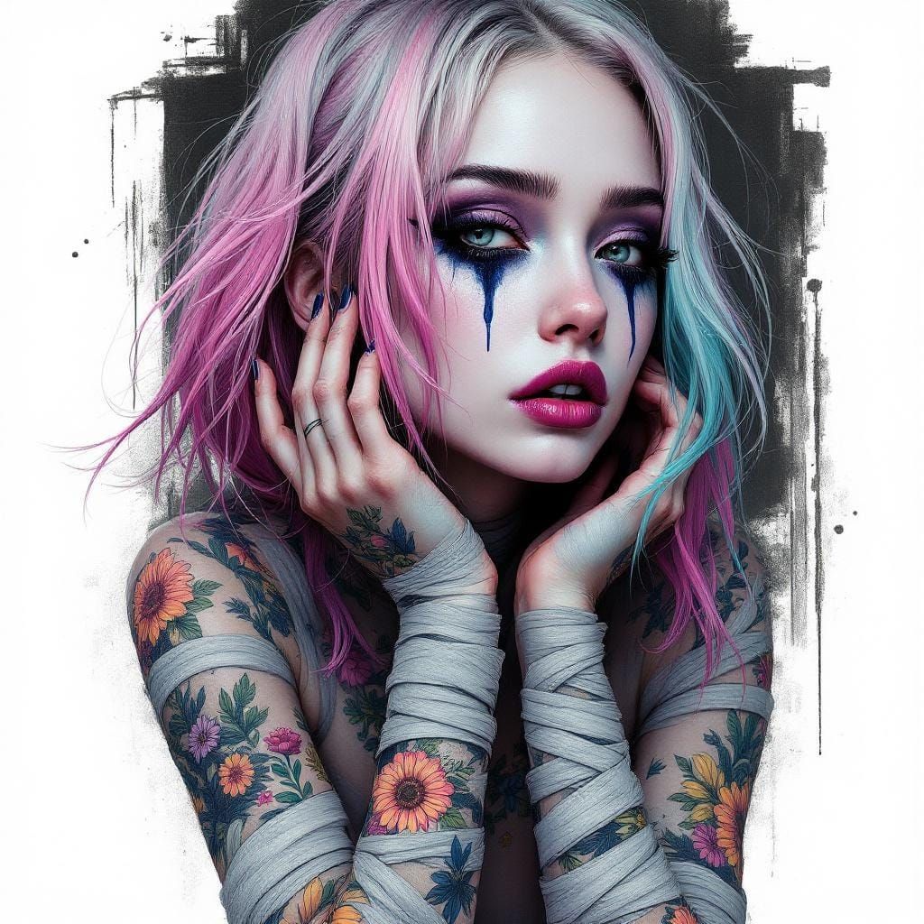 Colorful Haired Woman with Flower Tattoos