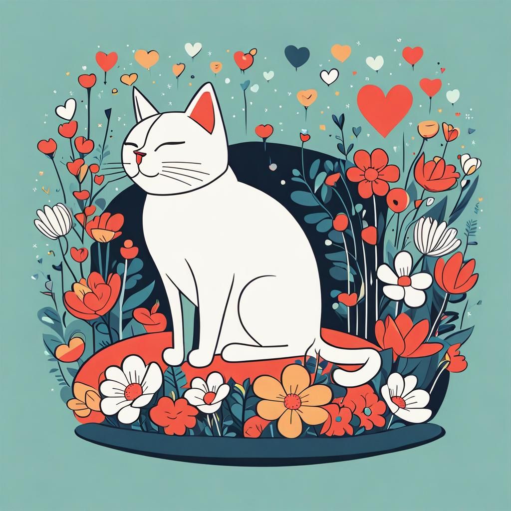 Cute Cat with Flowers in Geometric Pop Art Style