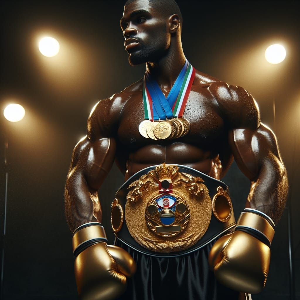 Powerful Boxer Flexing Olympic Gold Medals