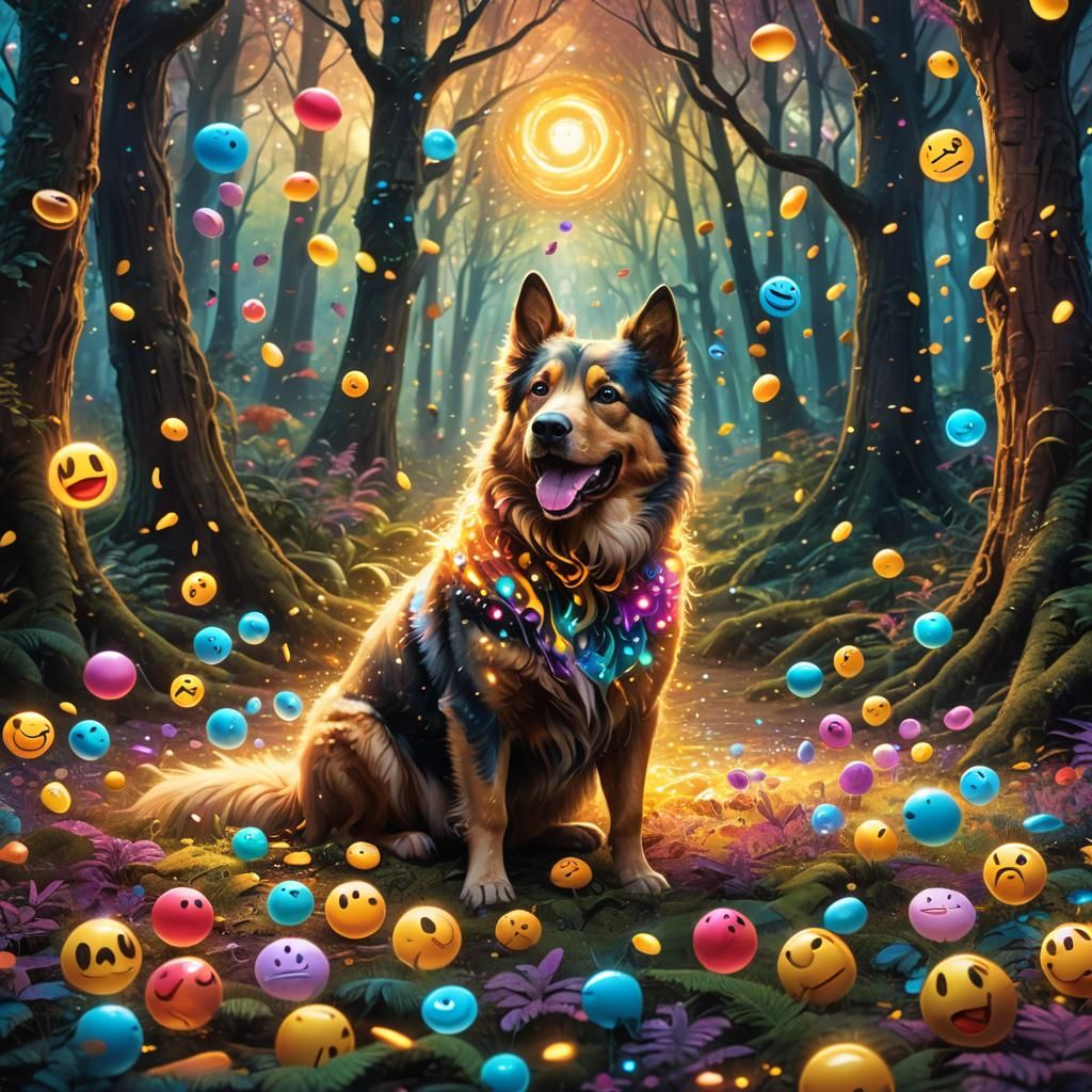 Dog Eats Emojis in Mystical Forest
