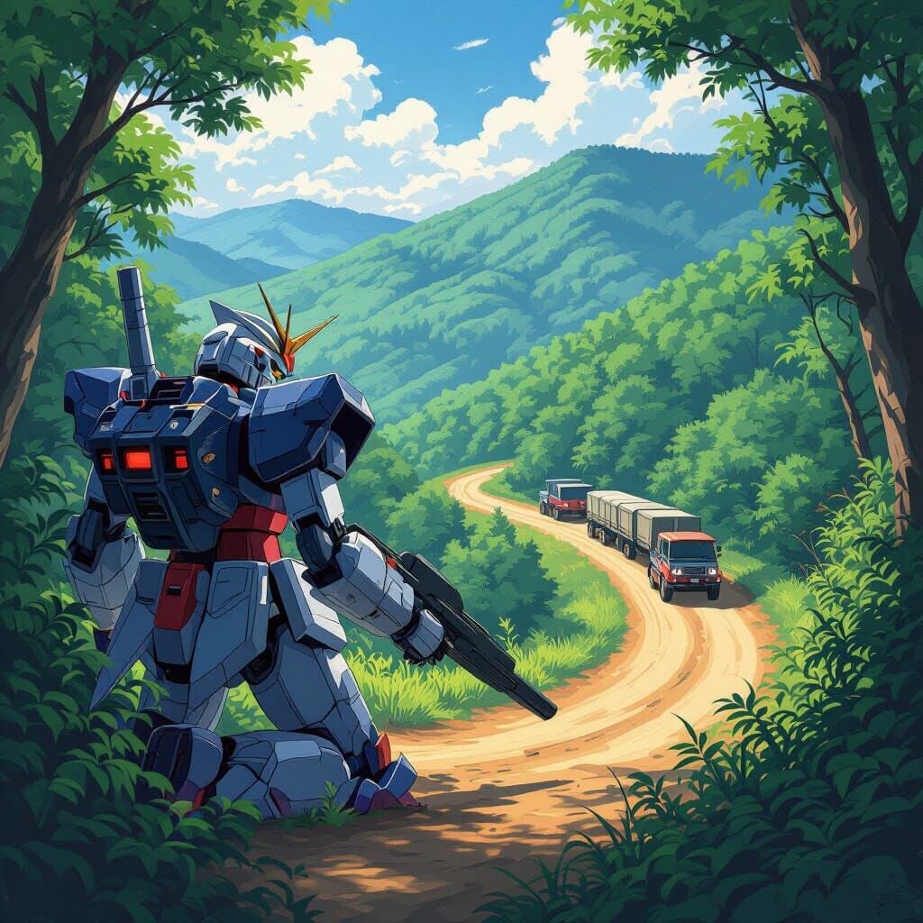Gundam Mech Ambush in Forest, Anime Style