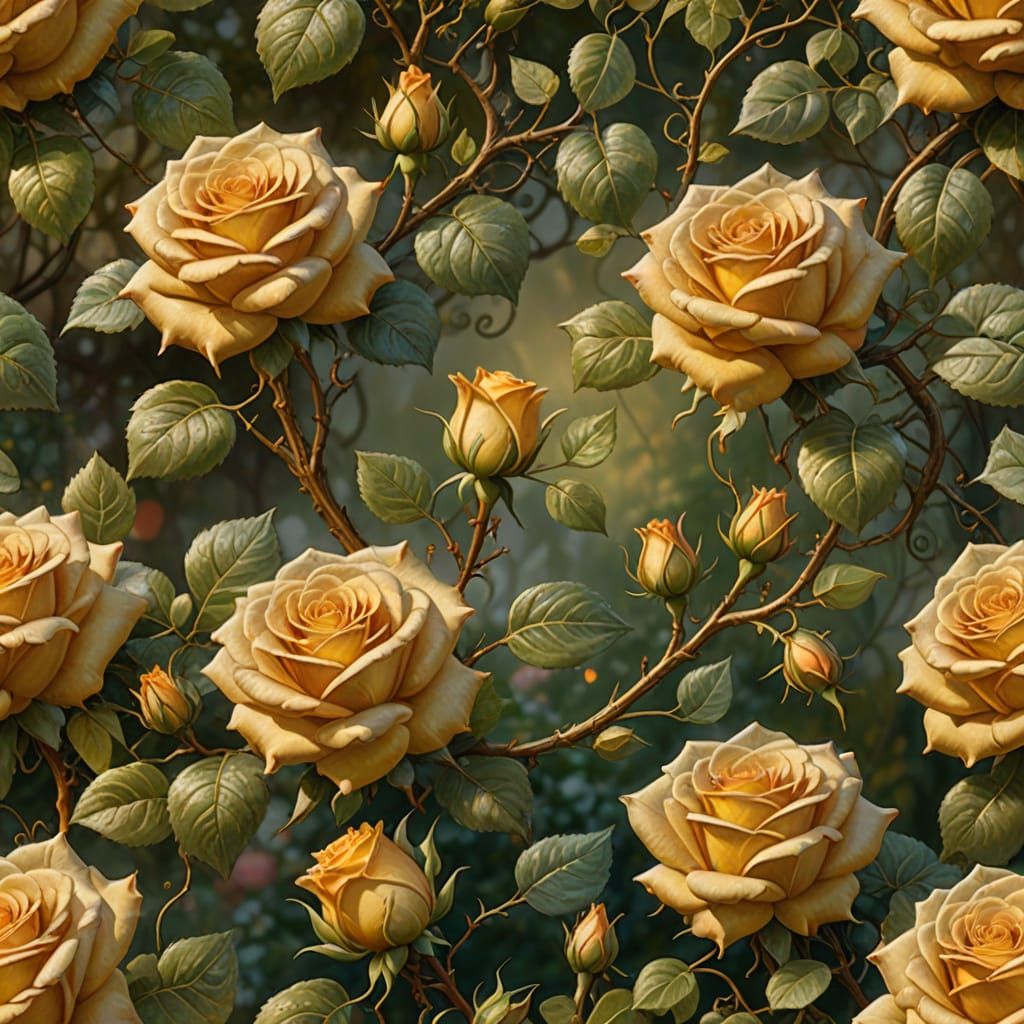 Ethereal Fantasy Garden Scene in Soft, Warm Lighting