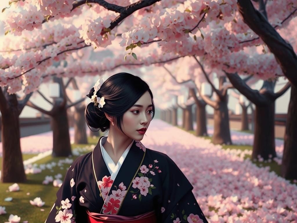 Japanese Woman in Kimono Among Sakura Trees