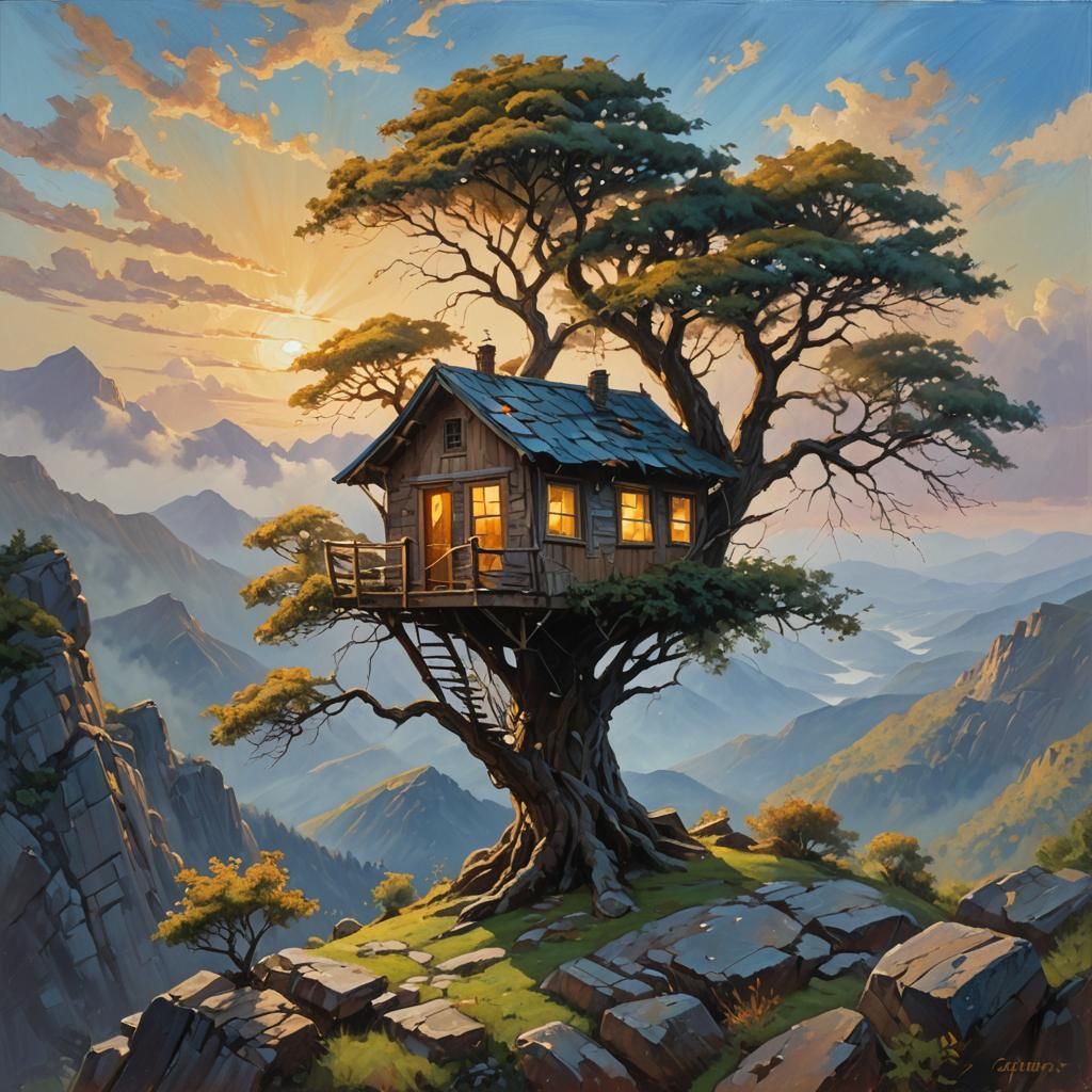 Mountain Treehouse in Imaginative Realism Style