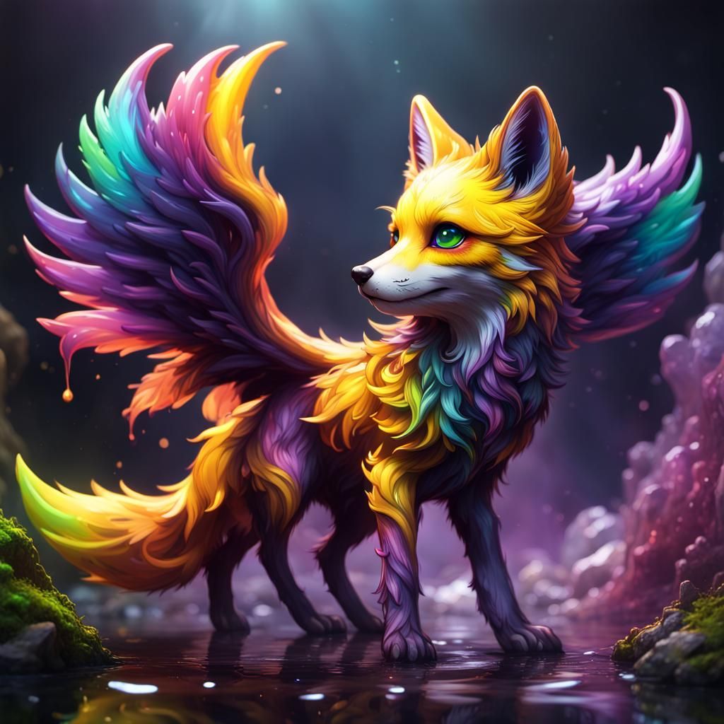 Rainbow Winged Slime Fox Pup in Dark Fantasy Style