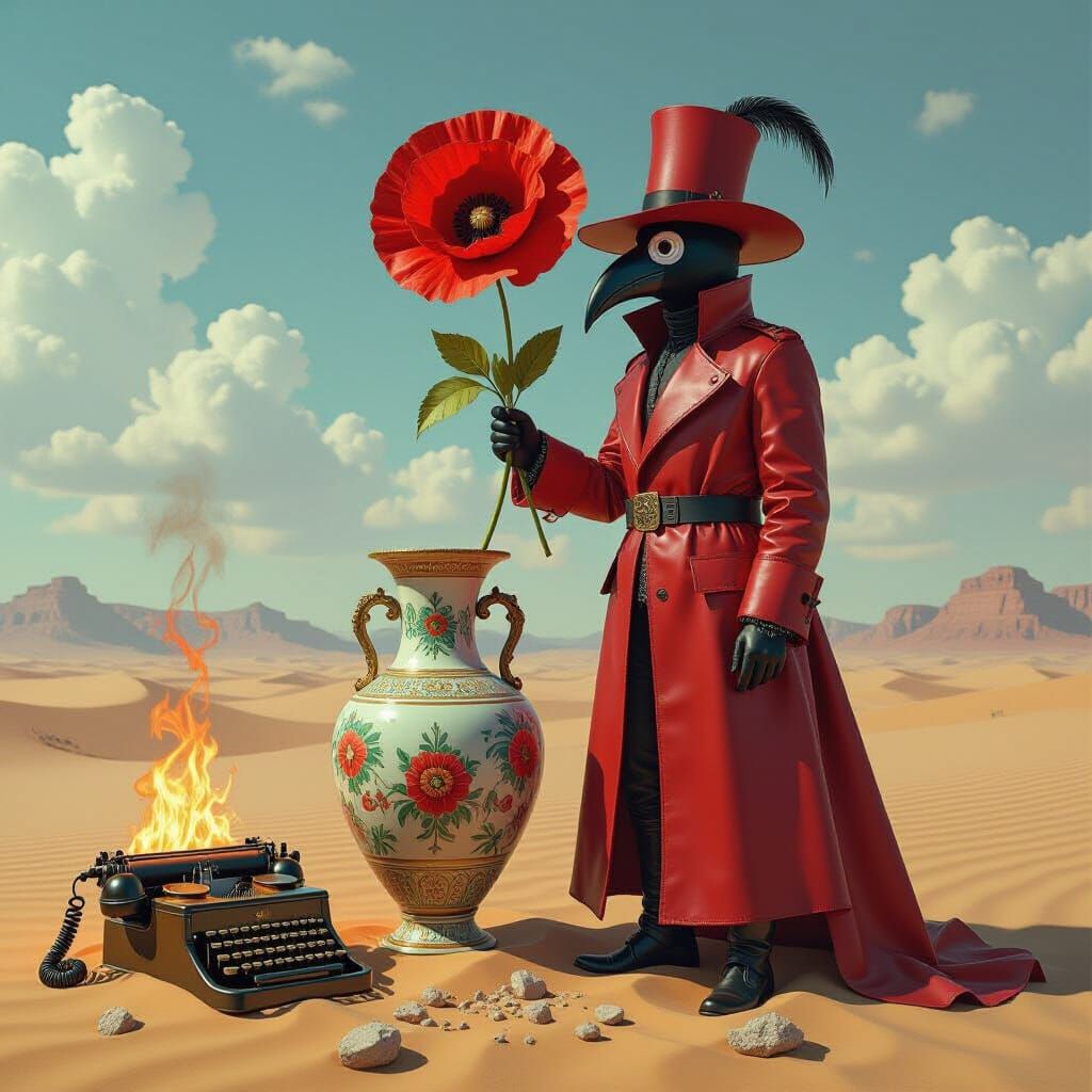 Plague Doctor with Melting Objects in Surreal Style