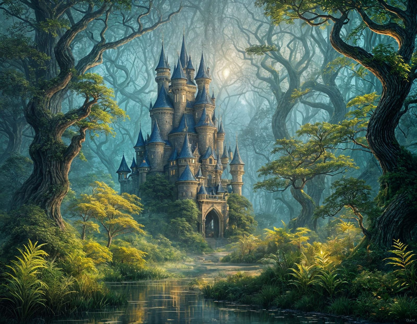 Golden Castle Amidst Whimsical Forest