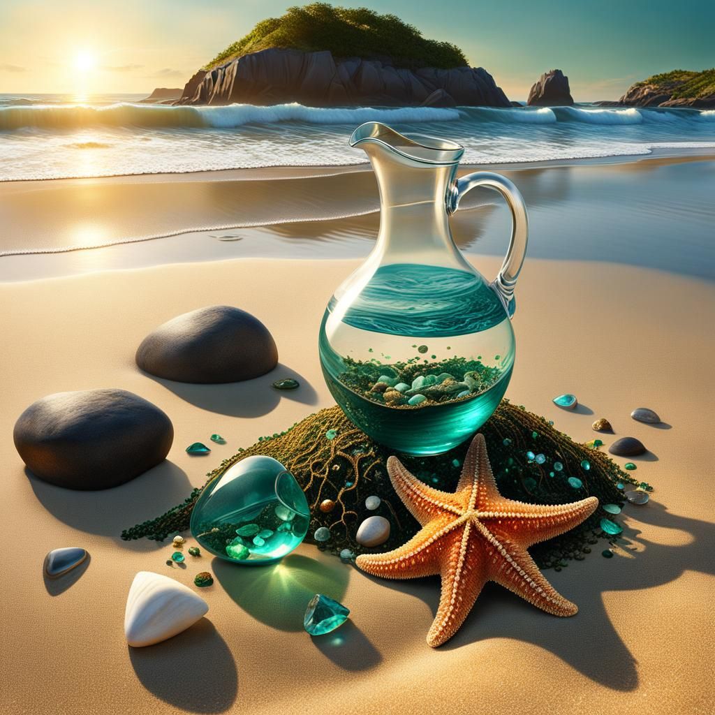 Sunlit Shoreline Treasures: Gems and Ancient Amphora