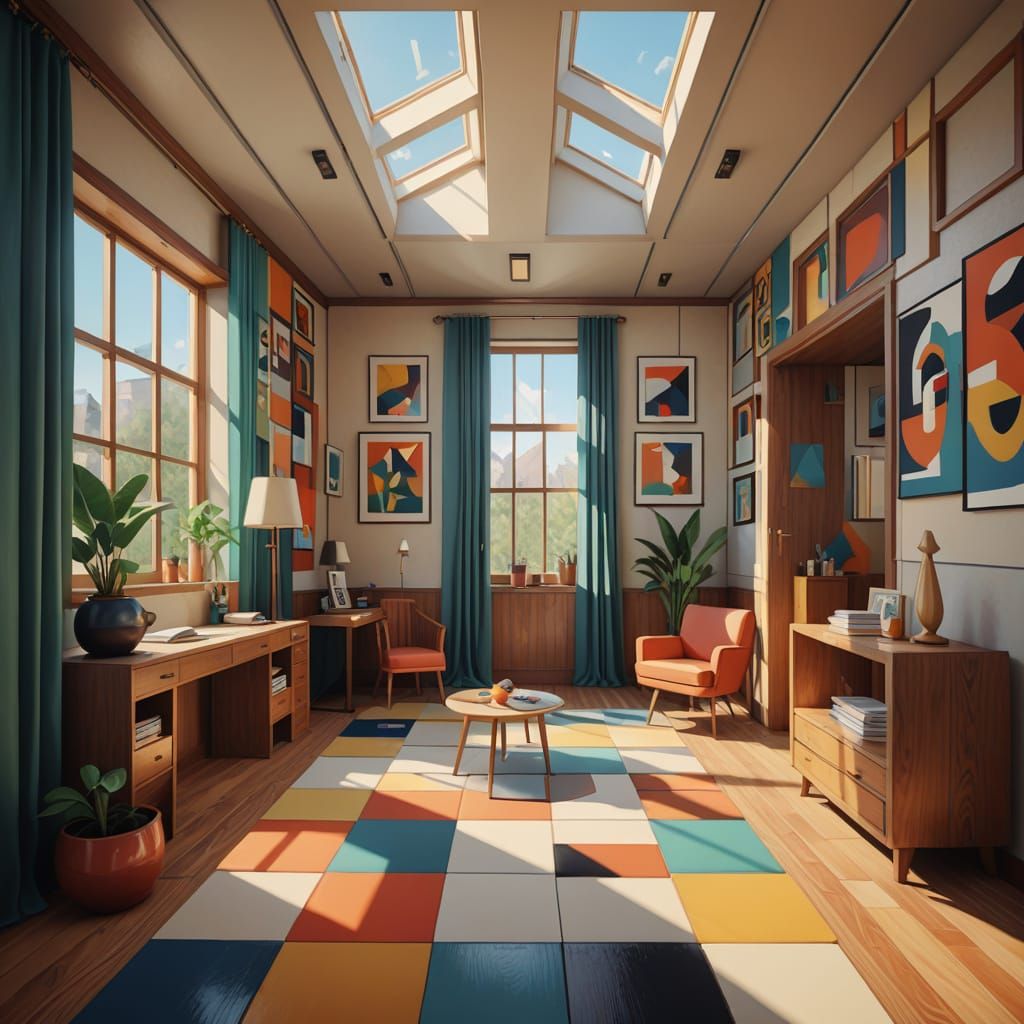 Neo-Cubist Art Deco Barracks Interior with Modular Design