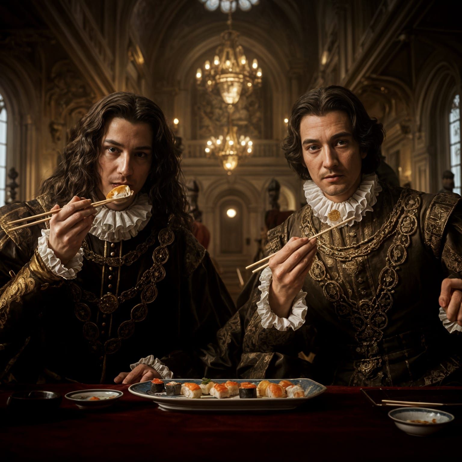 Noblemen Enjoying Sushi: Rembrandt-Style Oil Painting