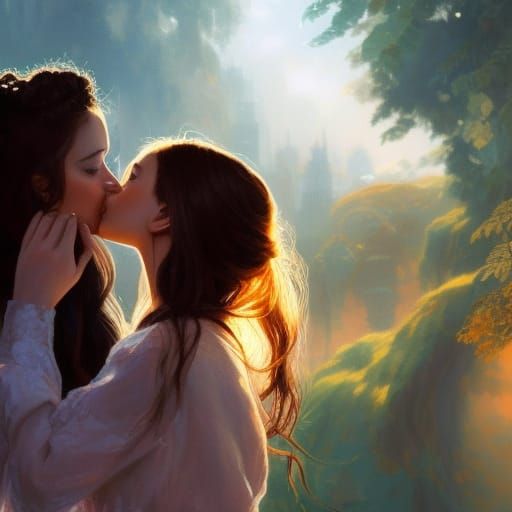 Two Girls Kissing, Engagement Ring, Art Nouveau Style