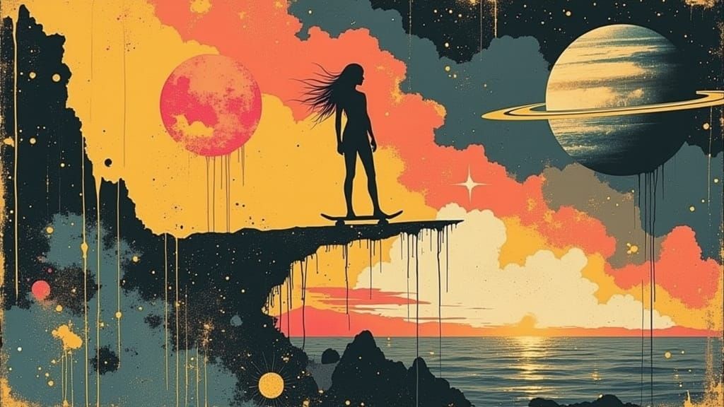 Cosmic Skateboarding Goddess in Quantum Splash