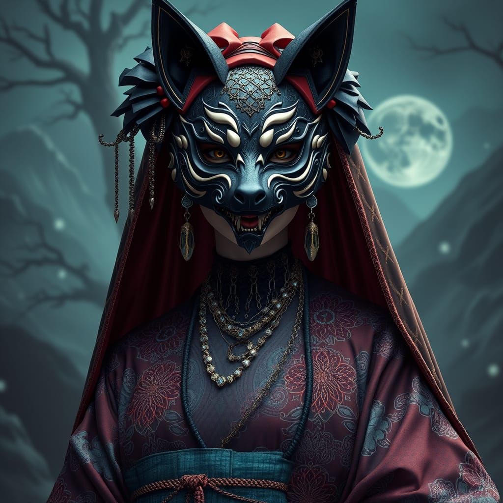 Goth Princess with Kitsune Mask in High-Fantasy Setting