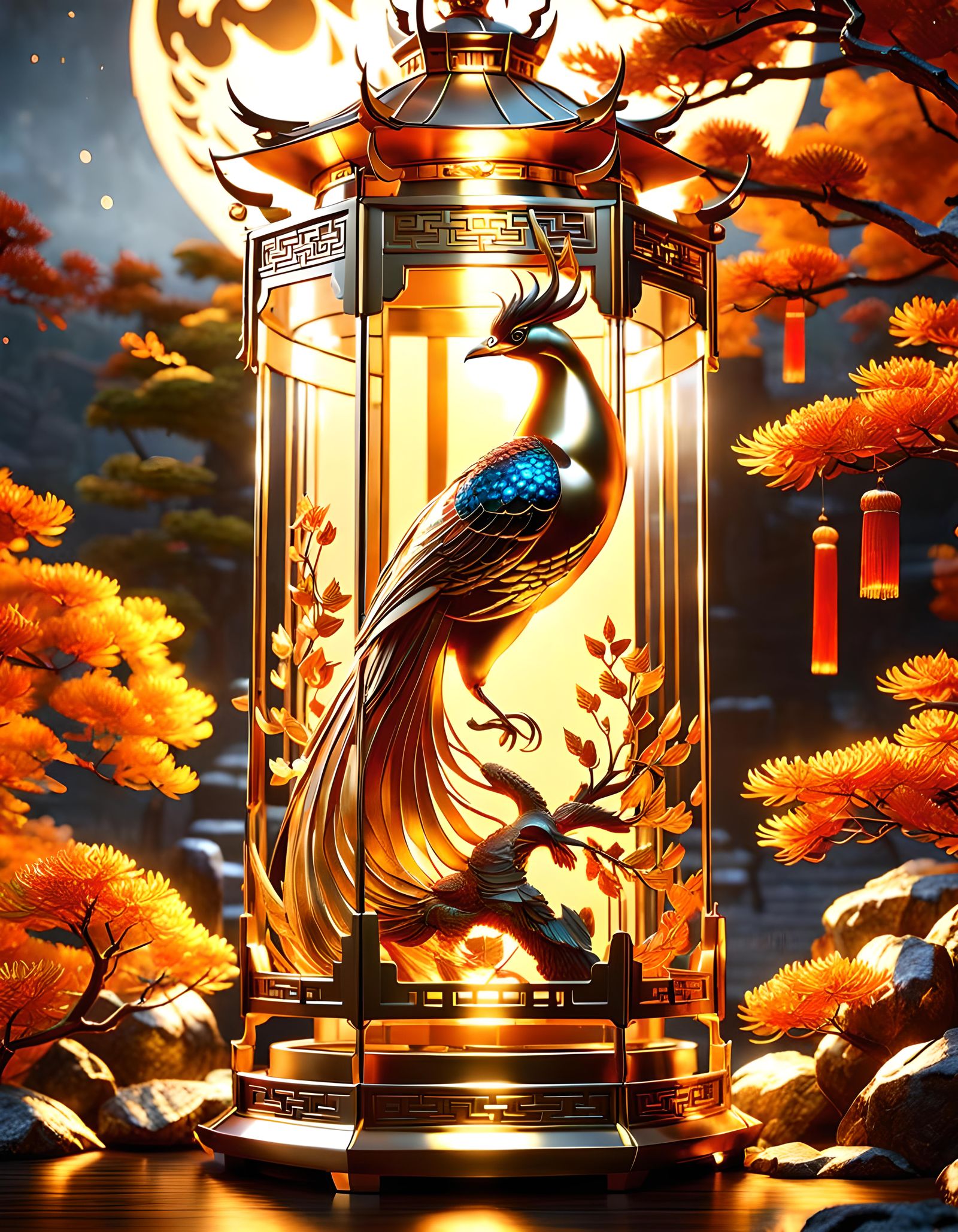 Golden Phoenix in Crystal Lantern, 3D Render