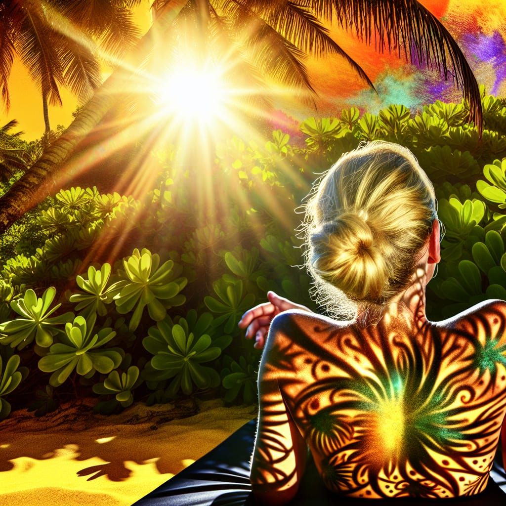 Sunlit Patterns on a Woman's Back: Photorealistic Splash Art