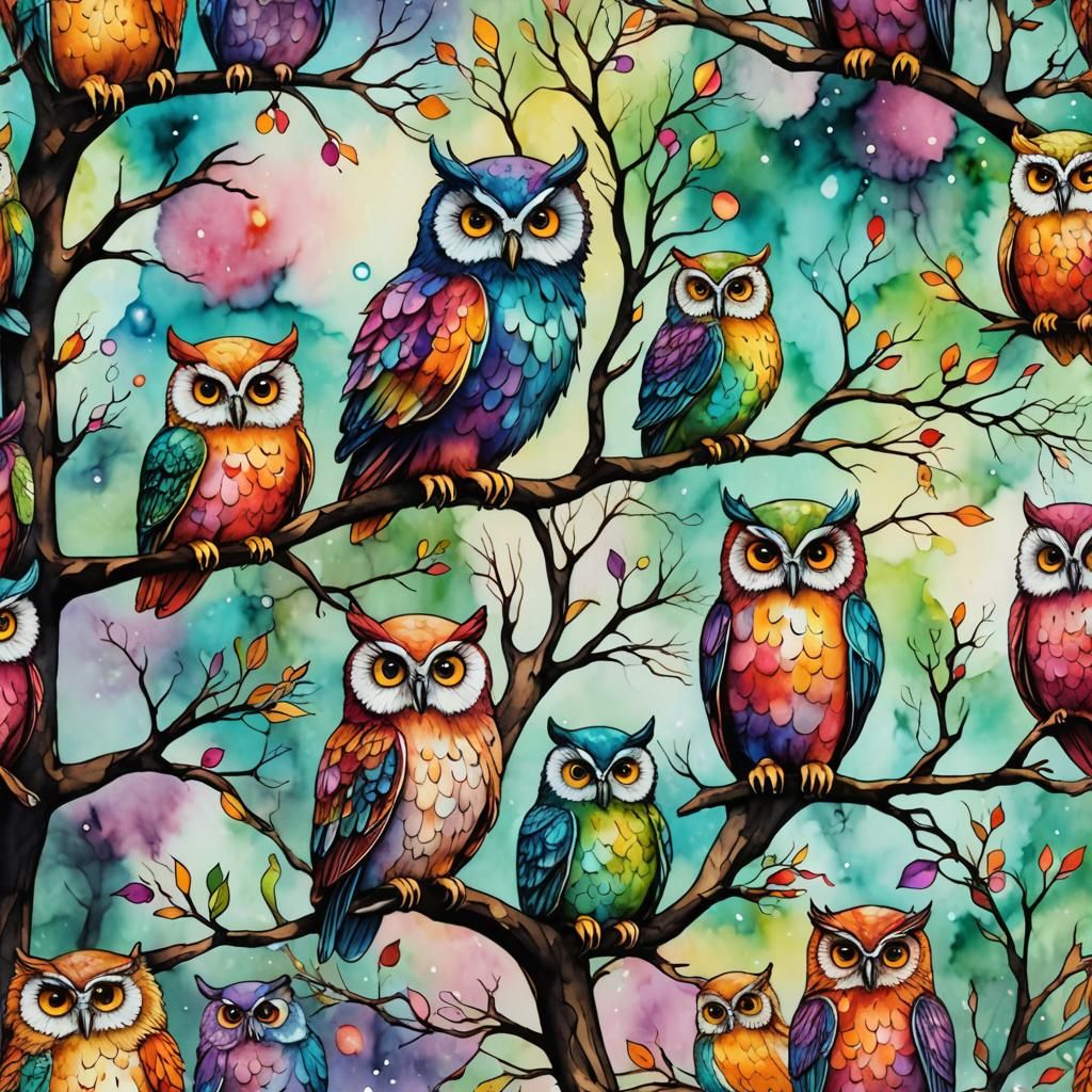Otherworldly Alcohol Ink Owls on a Tree