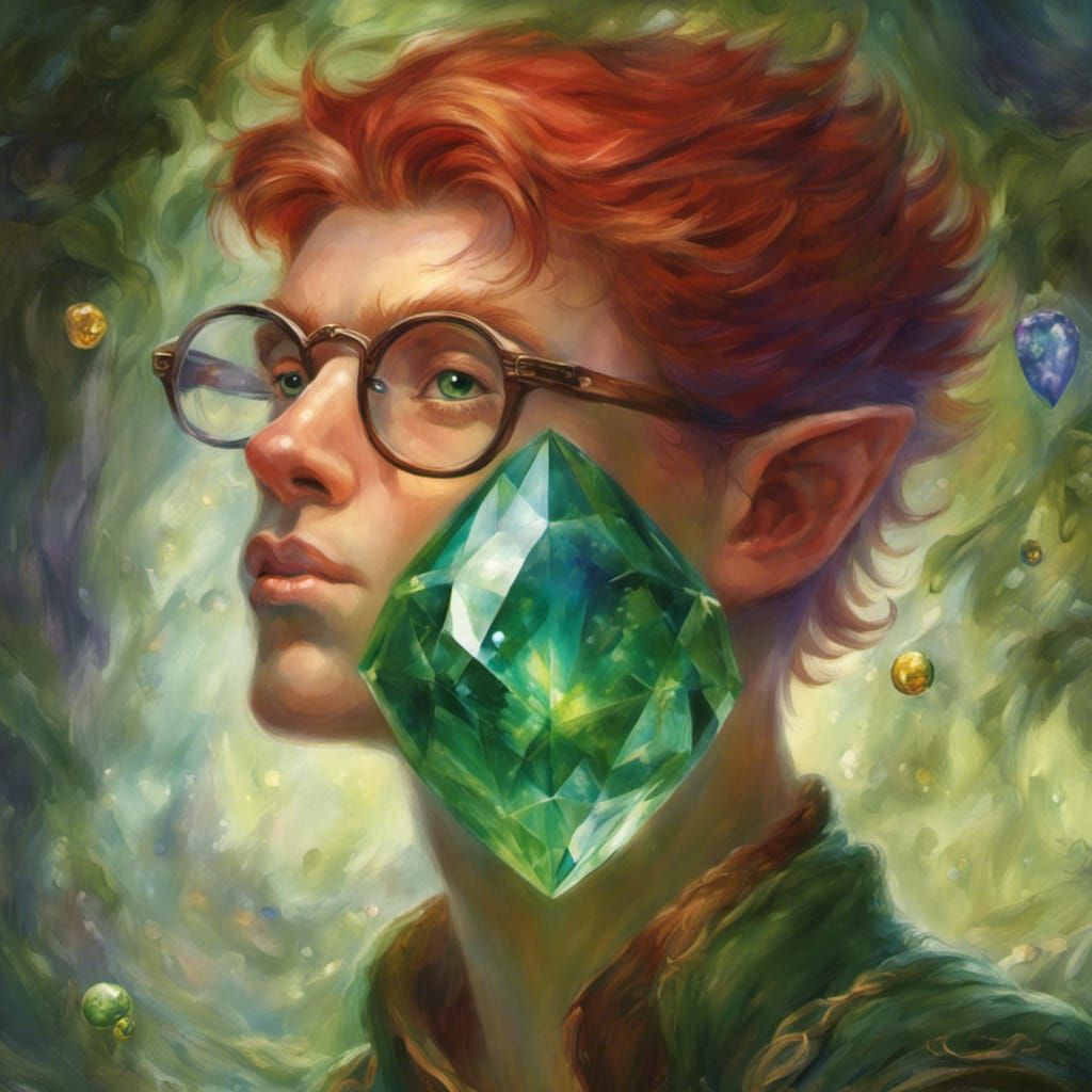 Ethereal Elf Portrait with Green Gem in Fantasy Style