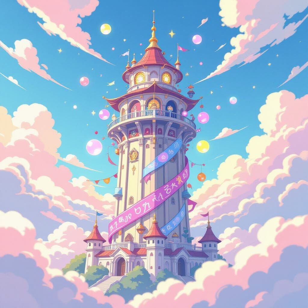 Vibrant Anime Tower in Pastel Sky