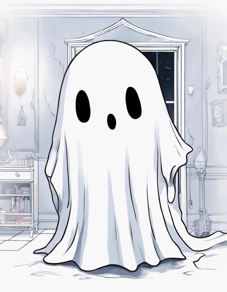 Hyperrealistic Cute Ghost in Haunted House at Night