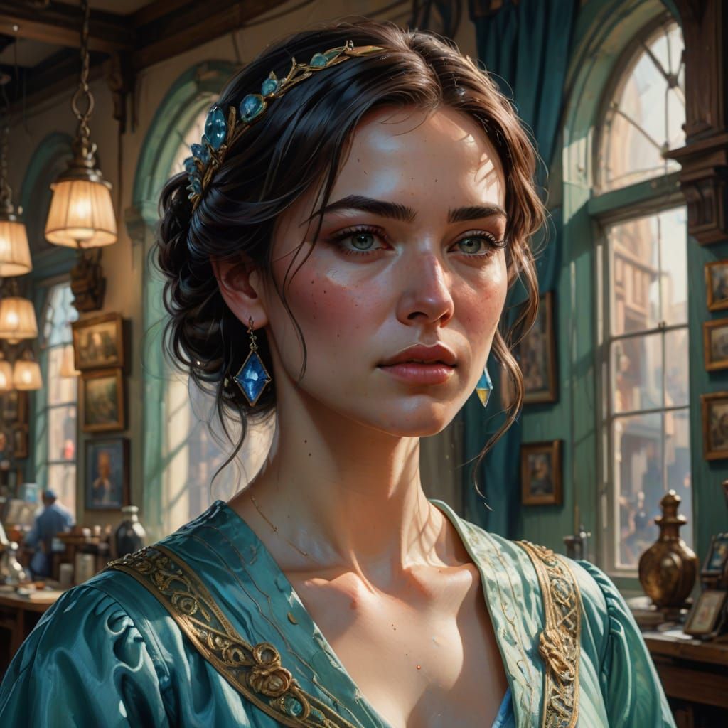 Renaissance Gown in Tailor Shop, Oil Painting Style