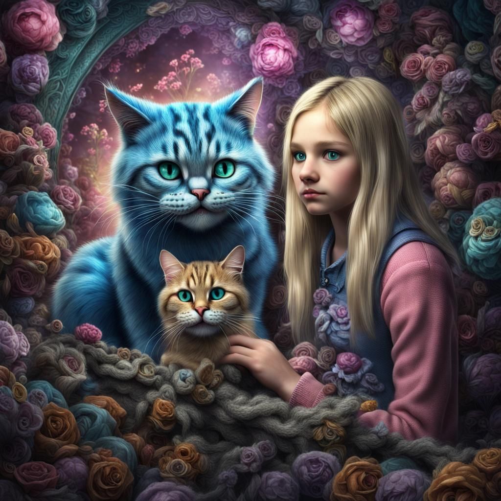 Blonde Girl with Cheshire Cat in Hyperdetailed Style
