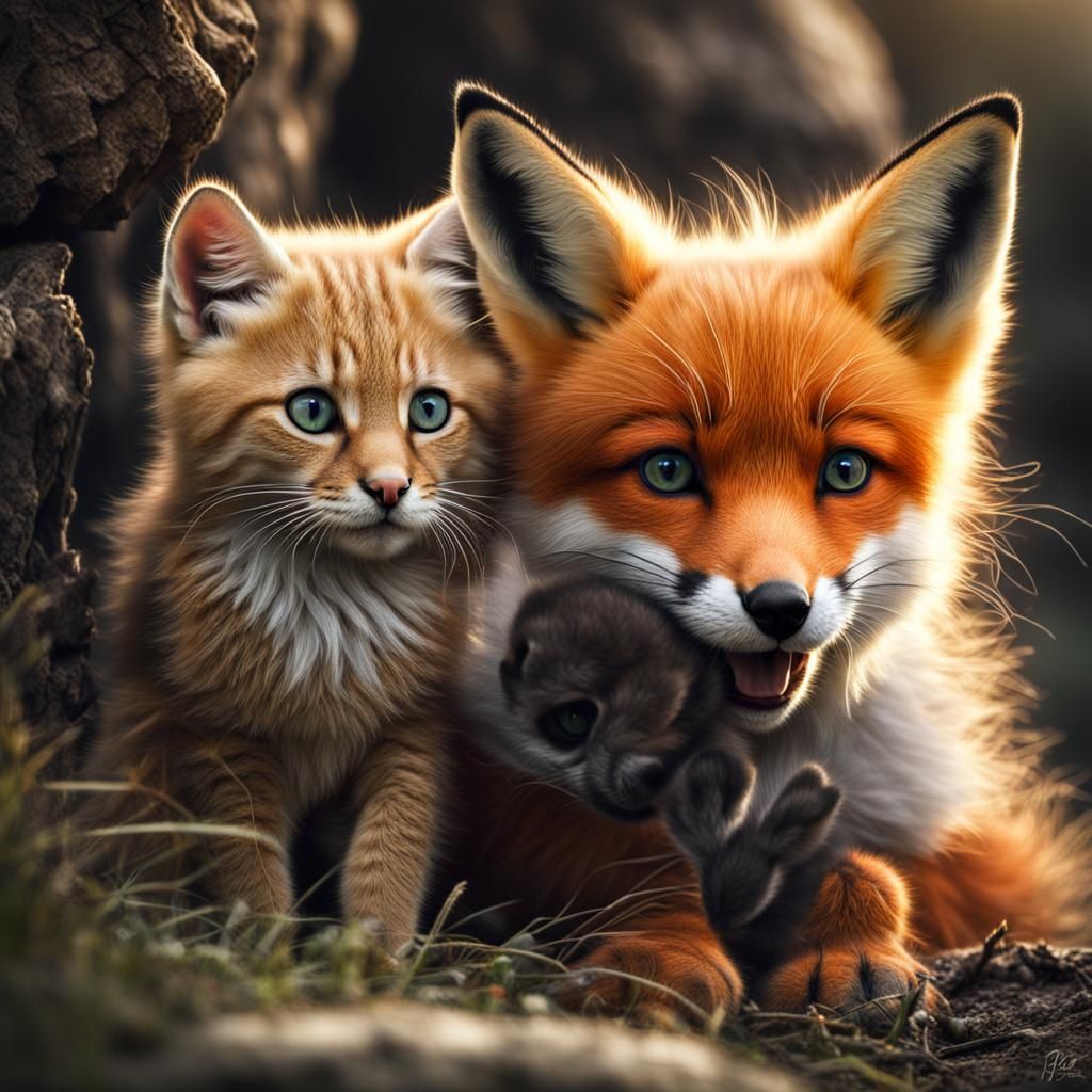 Hyperrealistic Kitten and Fox Pup Portrait