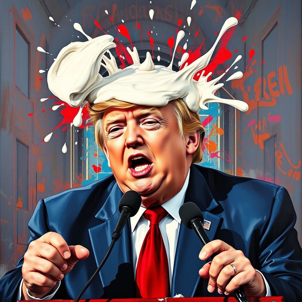 Comical Scene: Trump Hit by Cream Pie in Graffiti Art Style
