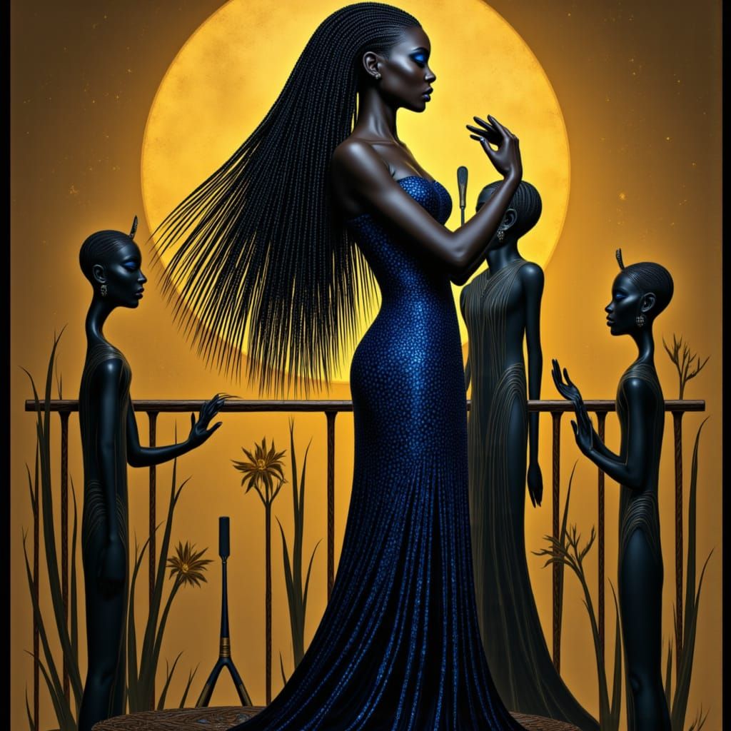 Elegant Black Woman in Blue and Gold Dress