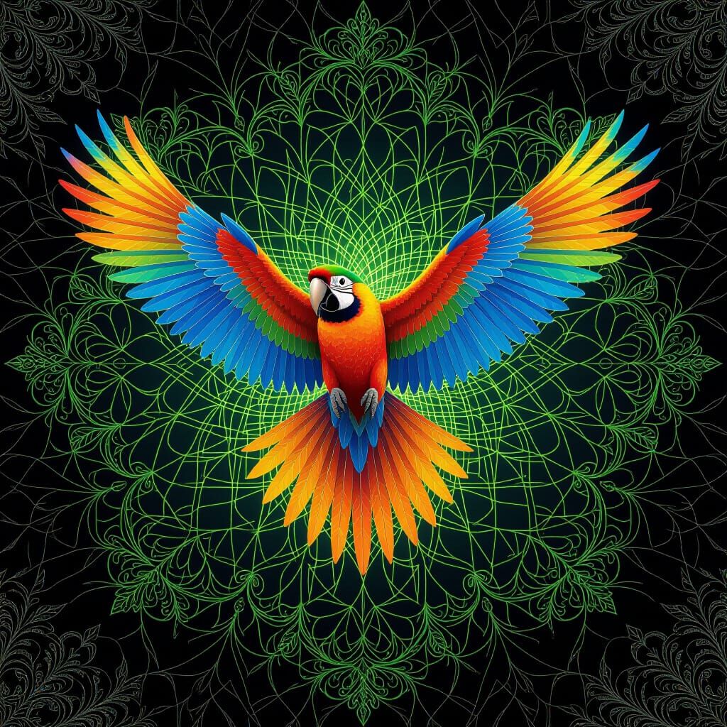 Vibrant Fractal Parrot in Lush Forest, Gold Shimmer Wings