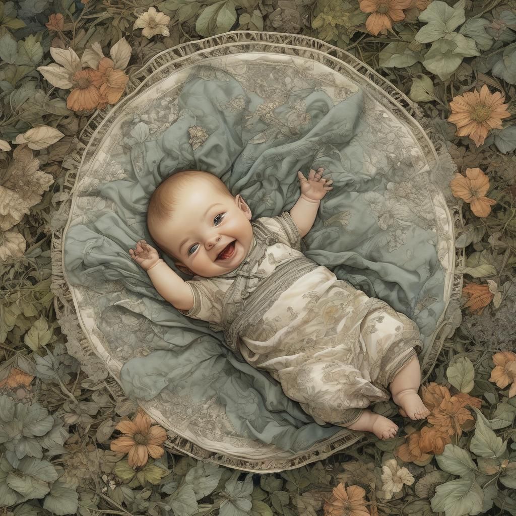 Laughing Baby in Garden, Whimsical Illustration