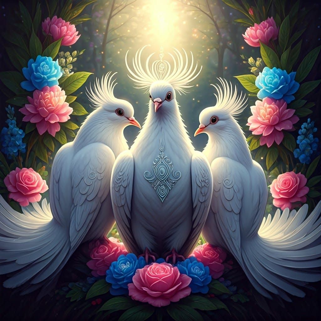 Majestic White Doves in Vibrant Botanical Whimsy