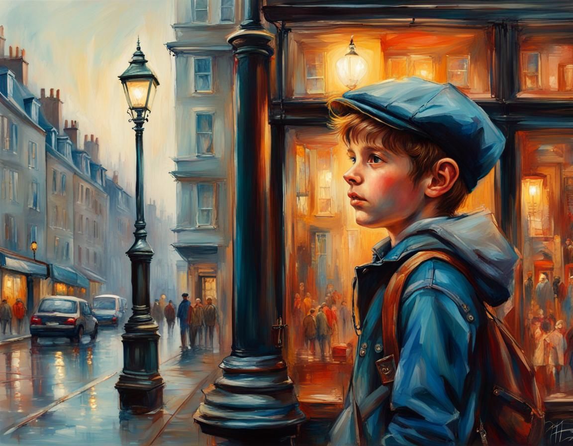 British Boy Watching Girls, Folk Art Oil Painting