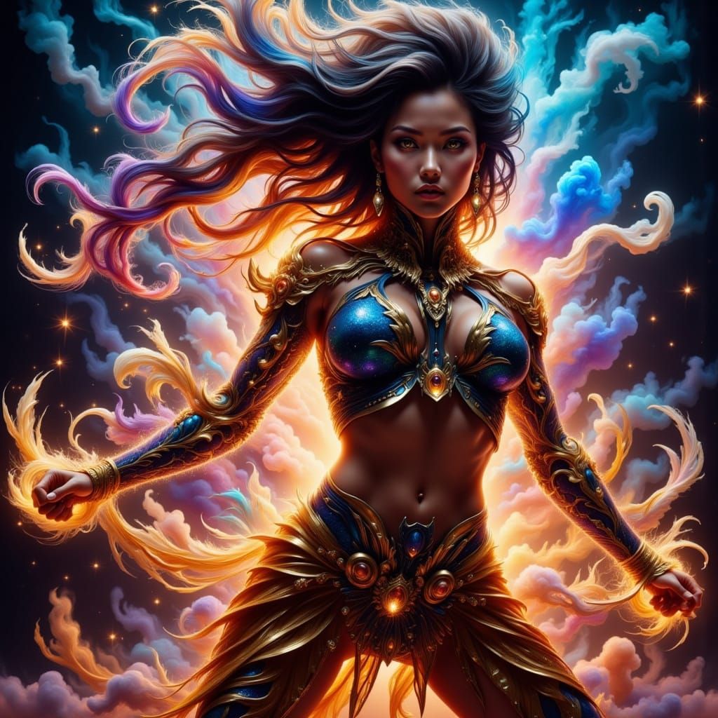 Ethereal Warrior Goddess in Cyberpunk Futurism