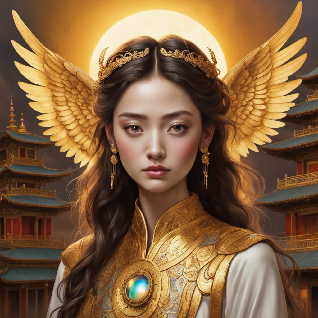 Angel Over Tibetan Temple in Klimt Style