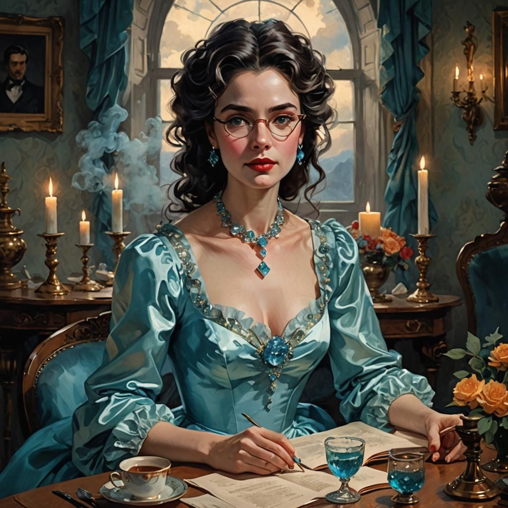 Hyperrealistic Woman with Aquamarine Dress and Curls