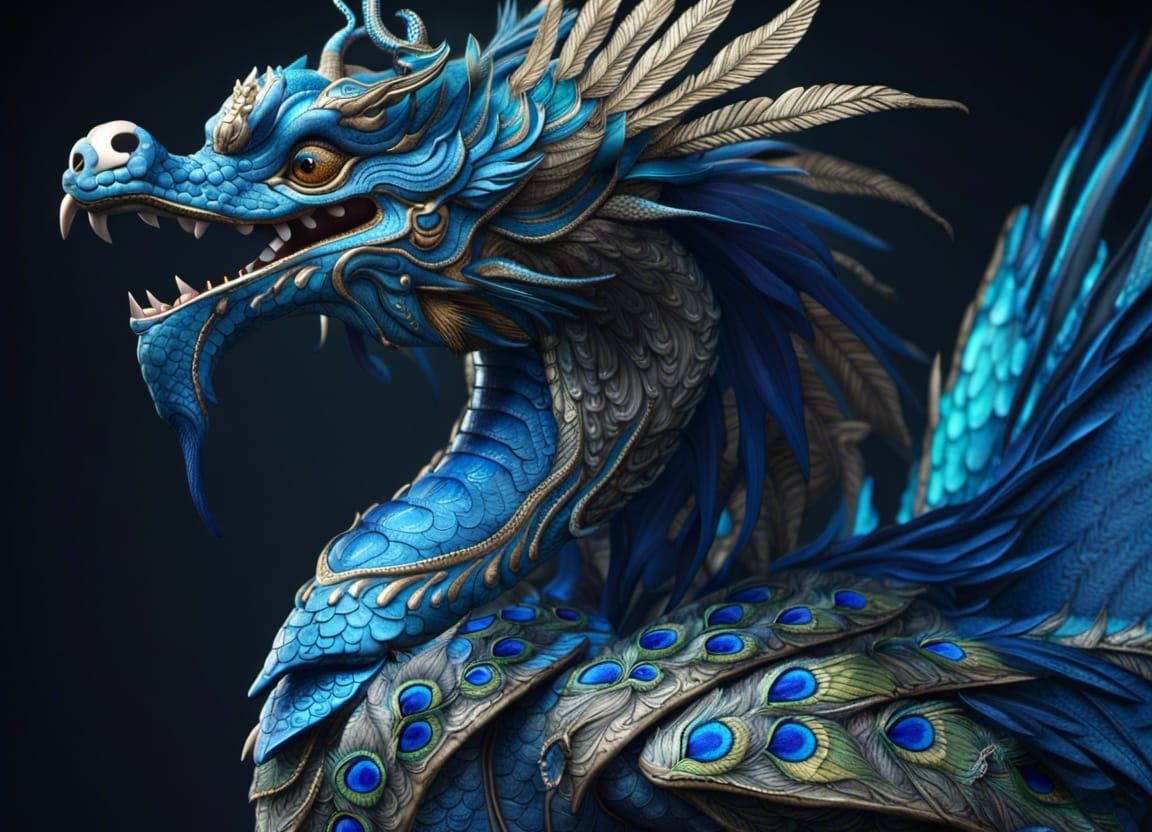 Blue Dragon with Peacock Feathers in Cinematic Lighting
