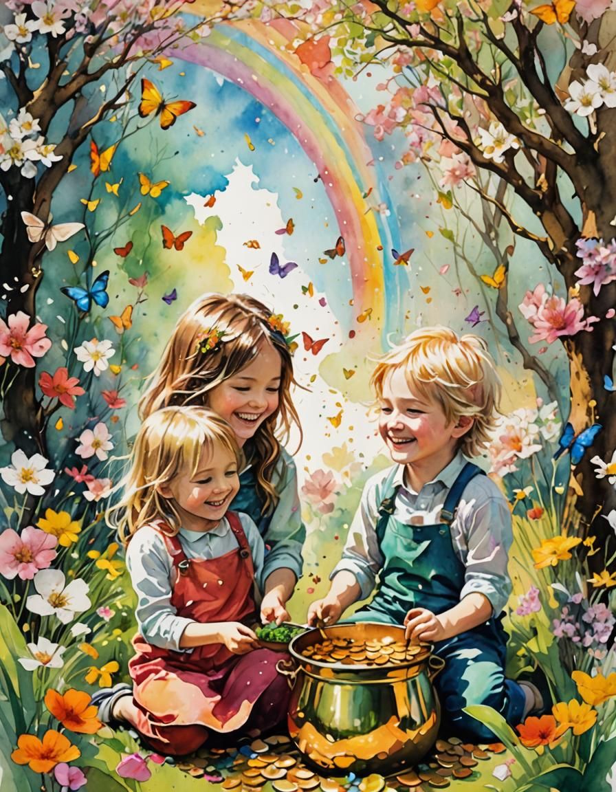 Children Find Pot of Gold in Watercolor Garden